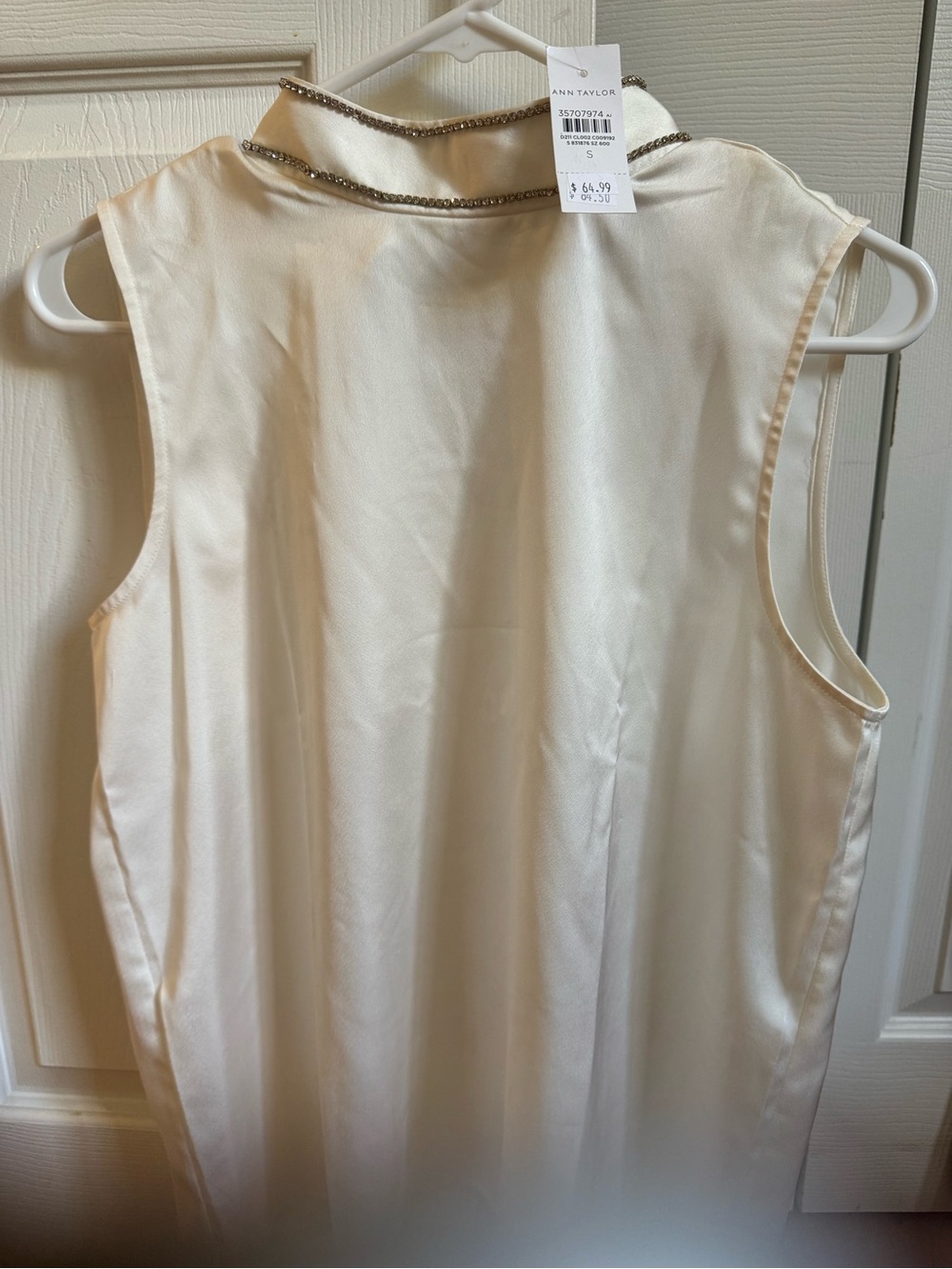 Ann Taylor Cream Satin Sleeveless Top with Jewel-Trim Collar